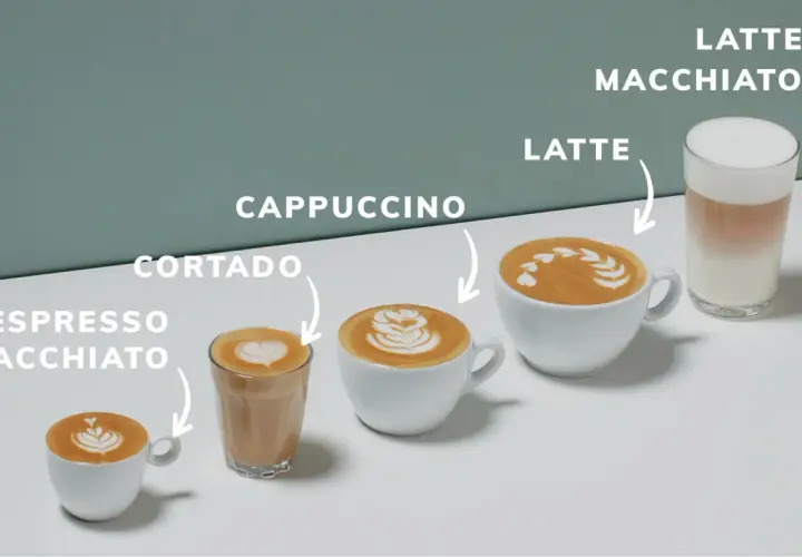 Cinque caffè, dall'espresso macchiato al latte macchiato, con schiume artistiche.