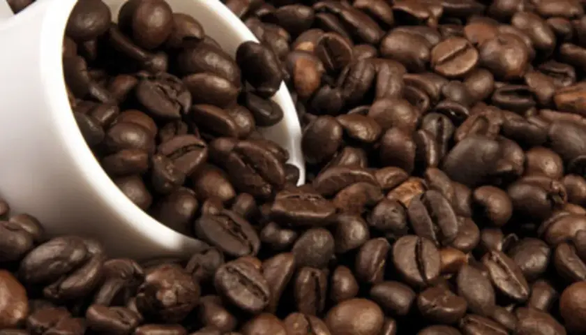 Chicchi di caffè tostati, una tazza bianca rovesciata. La caffeina, una droga che risveglia i sensi.