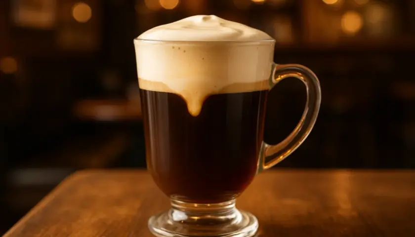 Un bicchiere di caffè scuro con panna montata cremosa, perfetto per la tua prossima irish coffee ricetta.