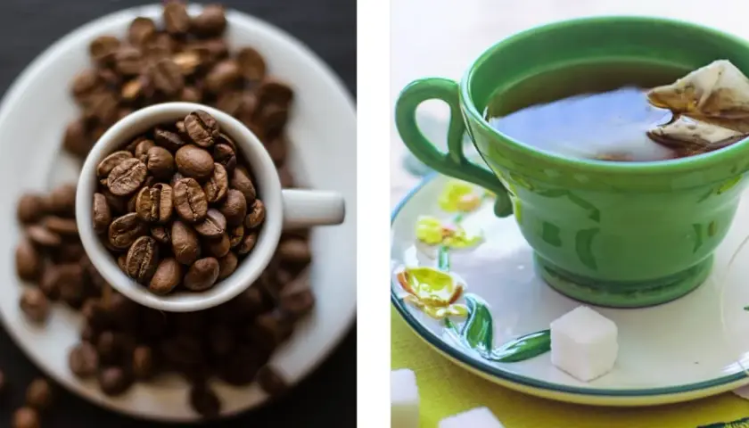 Tazza di caffè e tazza di tè, due bevande con la teina e la caffeina, che non sono la stessa cosa.