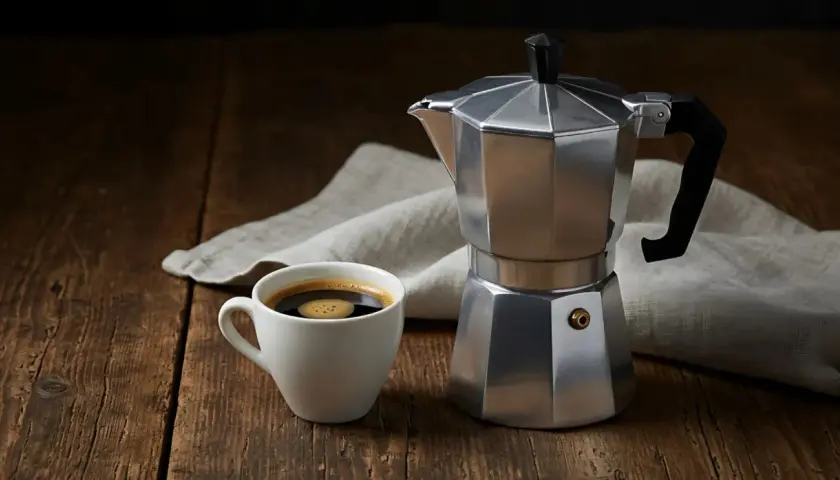Moka vs espresso: una tazzina di caffè fumante accanto alla classica caffettiera italiana, pronta per un risveglio aromatico.