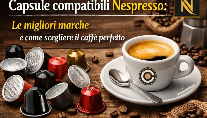 Caffè in capsule compatibili Nespresso, con una tazza fumante e chicchi sparsi. Guida su come regolare la macchina Nespresso per il caffè perfetto.