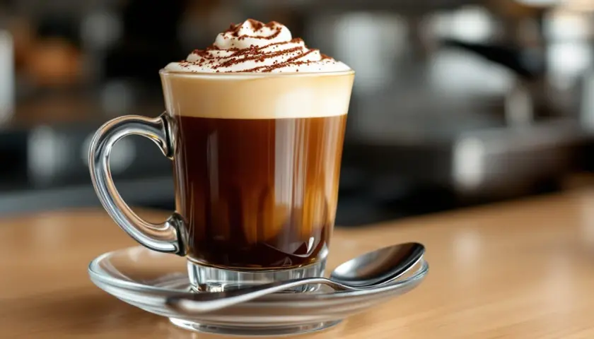 Un delizioso caffè marocchino con panna montata e cacao in polvere, servito in una tazza di vetro trasparente su un piattino con cucchiaino.