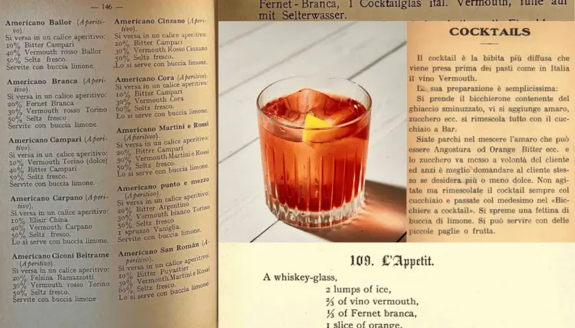 Un bicchiere di cocktail rosso con ghiaccio e una fetta d'arancia, accanto a ricette di cocktail e una descrizione della loro storia.