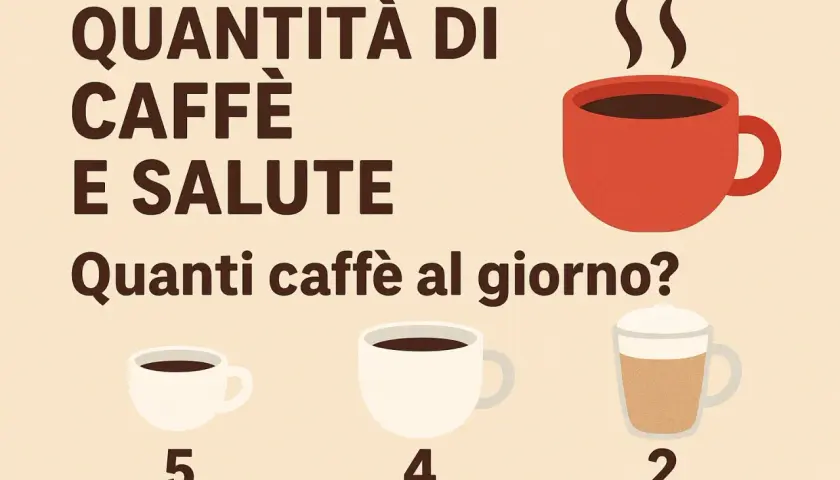 Quantità di caffè e salute: quanti caffè al giorno? Tre tazze di caffè, da 5 a 2, mostrano diverse opzioni.