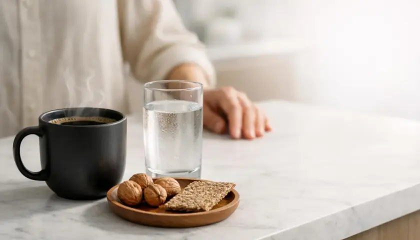 Tazza di caffè fumante, bicchiere d'acqua, noci e cracker. Potrebbe essere un pasto leggero per chi soffre di intolleranza al caffè, evitando i sintomi.