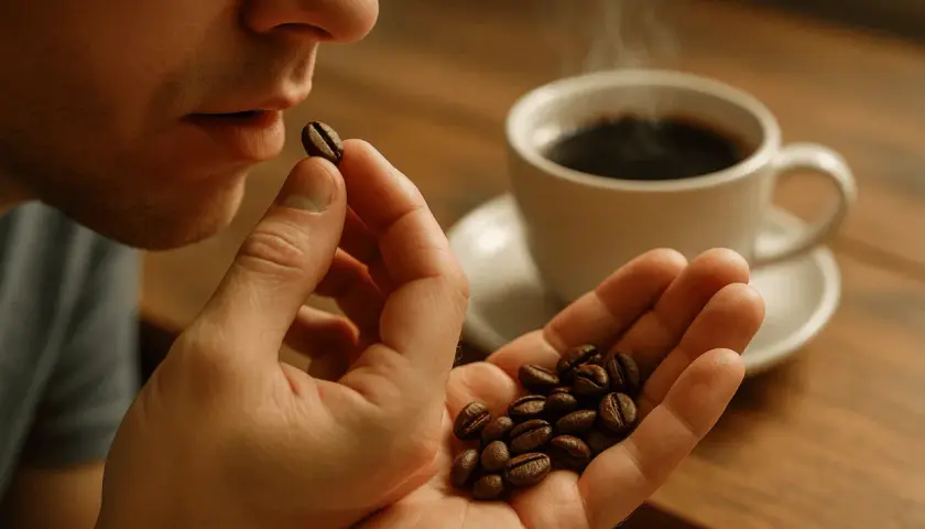 Uomo che annusa un chicco di caffè, con una tazza fumante sullo sfondo. Un'esperienza sensoriale per chi ama mangiare chicchi di caffè.