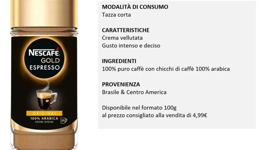 Barattolo di caffè solubile Nescafé Gold Espresso, con indicazioni su come si prepara, caratteristiche e provenienza.