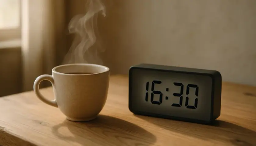 Tazza di caffè fumante accanto a una sveglia digitale che segna le 16:30. Un promemoria che il caffè non fa dormire, nemmeno nel tardo pomeriggio.