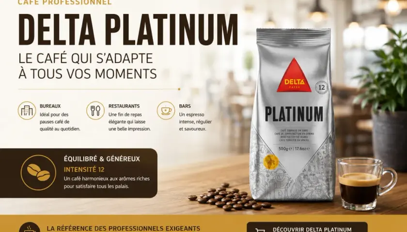 Un sac di caffè nero Delta Platinum, con una tazzina di espresso e chicchi sparsi. Perfetto per ogni momento.