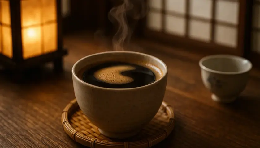 Una tazza di caffè giapponese fumante su un sottobicchiere di bambù, con una lanterna accesa e una seconda tazza sullo sfondo.