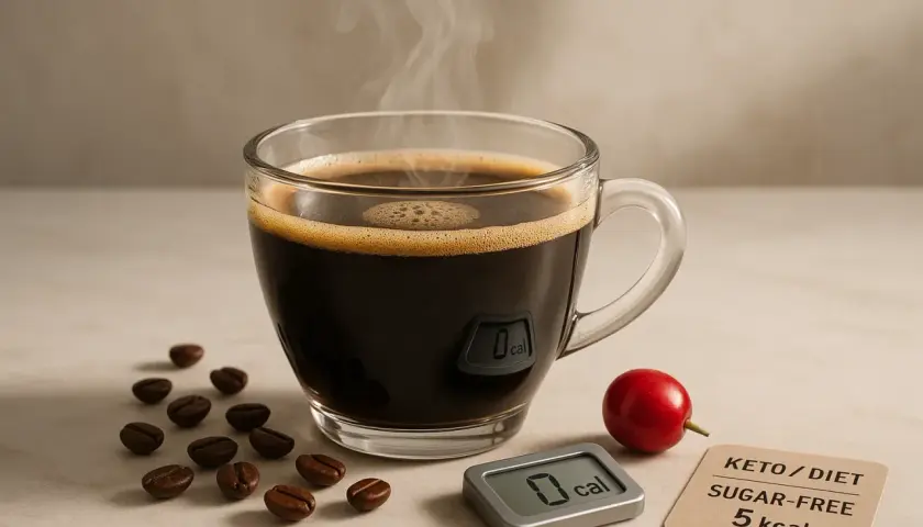 Un fumante caffè americano, ideale per la dieta keto, con indicazione 0 kcal. Scopri i caffè americano benefici per il tuo benessere.