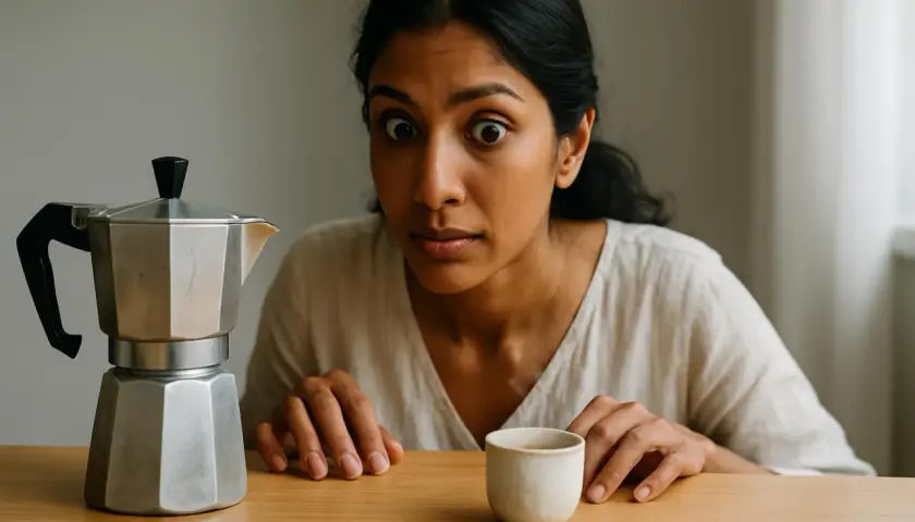 Occhi sgranati davanti alla moka, pronta a ricevere la sua dose di caffeina.