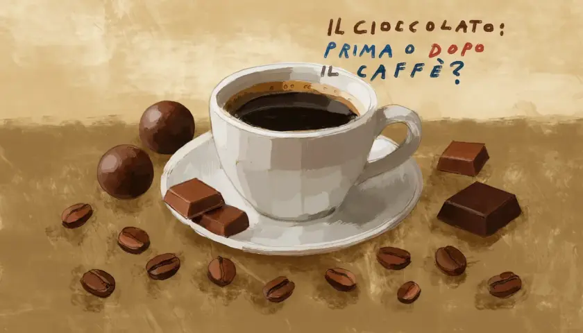 Tazza di caffè fumante, chicchi tostati e cioccolatini sparsi. La domanda è: cioccolato e caffè, prima o dopo?