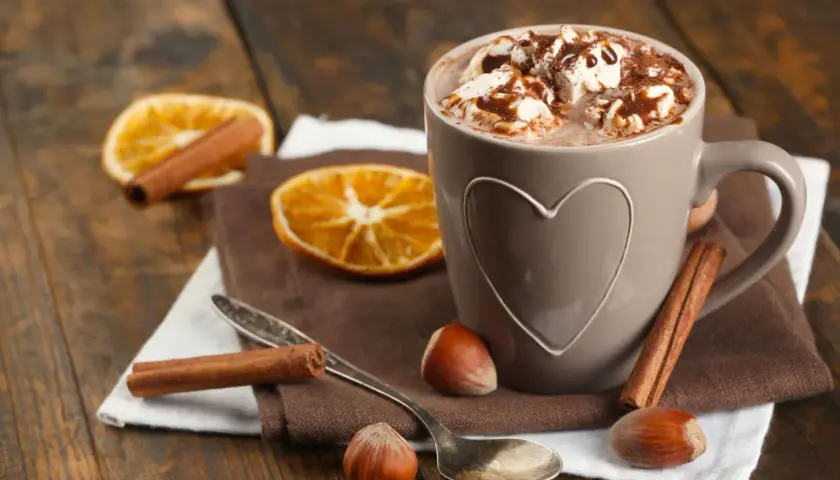 Una tazza di cioccolata calda con panna e cannella, un'ottima alternativa per chi cerca cosa bere al posto del caffè.