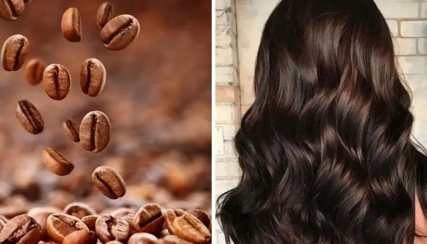 Chicche di caffè che cadono su capelli scuri e lucenti. Attenzione, il caffè rovina i capelli!