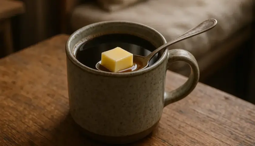 Un cubetto di burro galleggia su un cucchiaino immerso in una tazza di caffè caldo, pronto per essere mescolato.