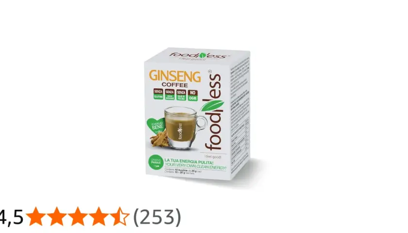 Scatola di caffè al ginseng Foodness, con tazza di caffè e radici di ginseng. Il ginseng contiene latte, ideale per la tua energia pulita.