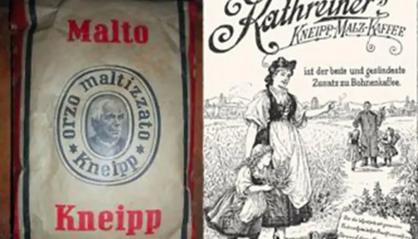 Sacchetto di "Malto Kneipp" e pubblicità d'epoca per "Kathreiner's Malz-Kaffee", un surrogato del caffè che evoca un'epoca di autarchia e nazionalismo, simile al fascismo.