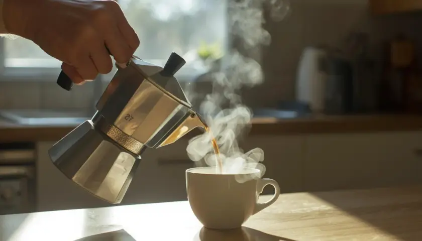 Una mano versa caffè fumante da una moka in una tazza bianca. La macinatura caffè per moka è perfetta per iniziare la giornata.
