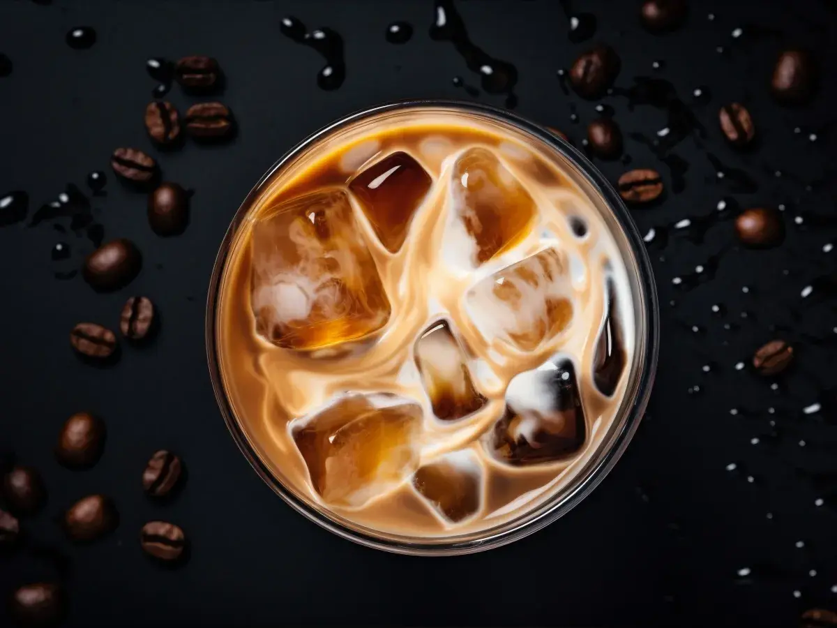 Un delizioso caffè freddo al bar, con cubetti di ghiaccio e latte che creano un vortice invitante. Chicchi di caffè tostati completano la scena.