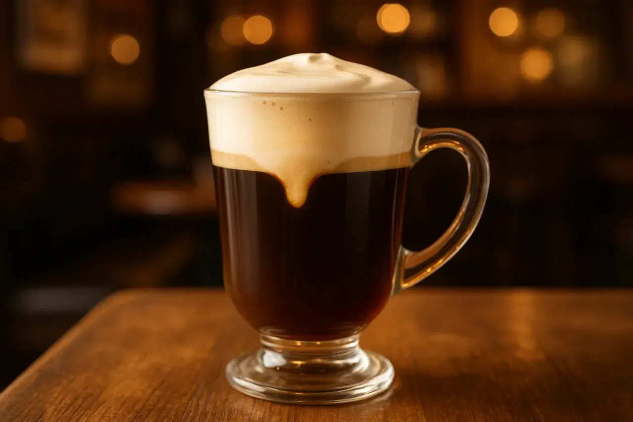 Un bicchiere di caffè scuro con panna montata cremosa, perfetto per la tua prossima irish coffee ricetta.