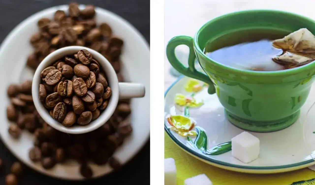 Tazza di caffè e tazza di tè, due bevande con la teina e la caffeina, che non sono la stessa cosa.