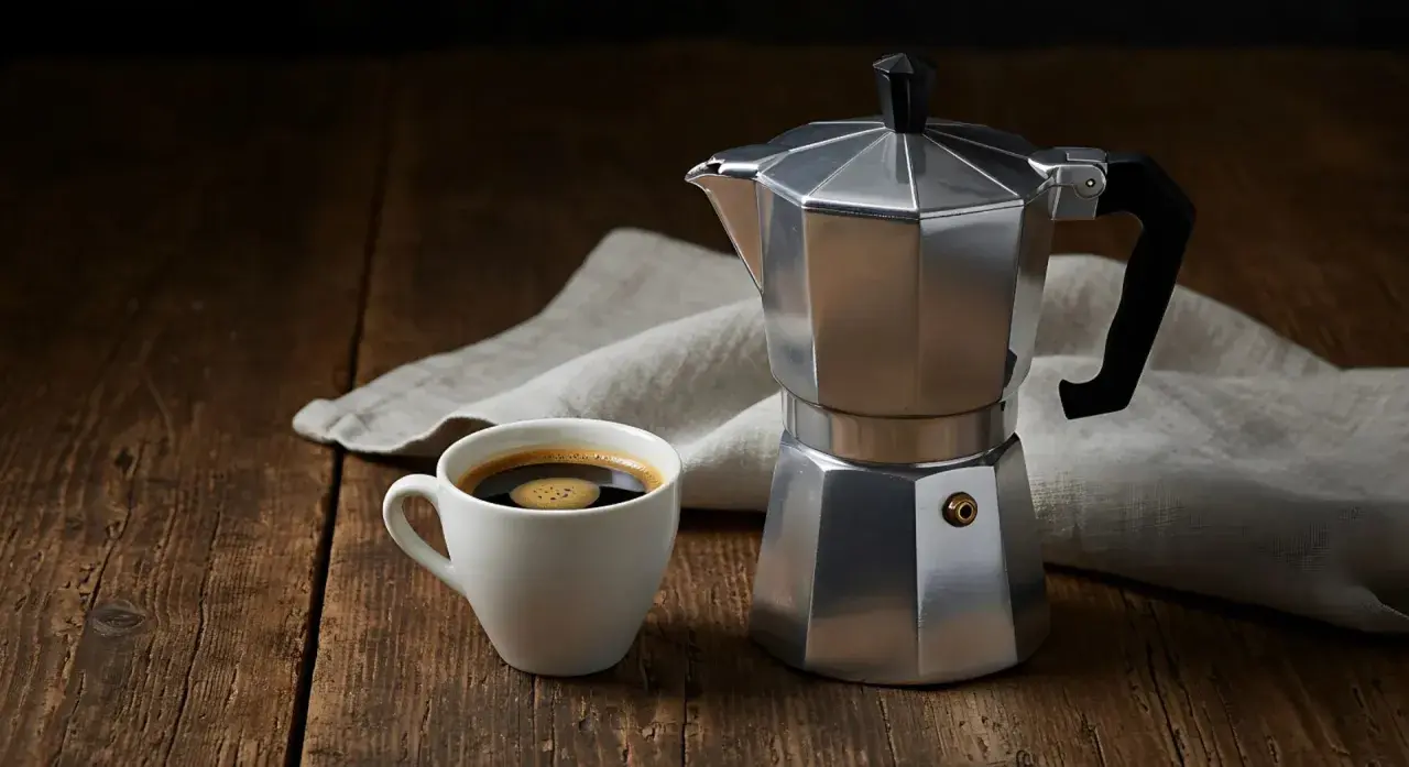 Moka vs espresso: una tazzina di caffè fumante accanto alla classica caffettiera italiana, pronta per un risveglio aromatico.