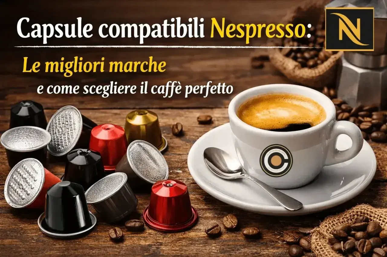 Caffè in capsule compatibili Nespresso, con una tazza fumante e chicchi sparsi. Guida su come regolare la macchina Nespresso per il caffè perfetto.