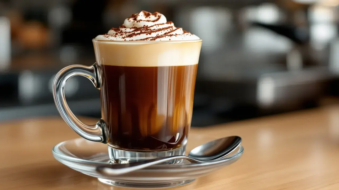 Un delizioso caffè marocchino con panna montata e cacao in polvere, servito in una tazza di vetro trasparente su un piattino con cucchiaino.