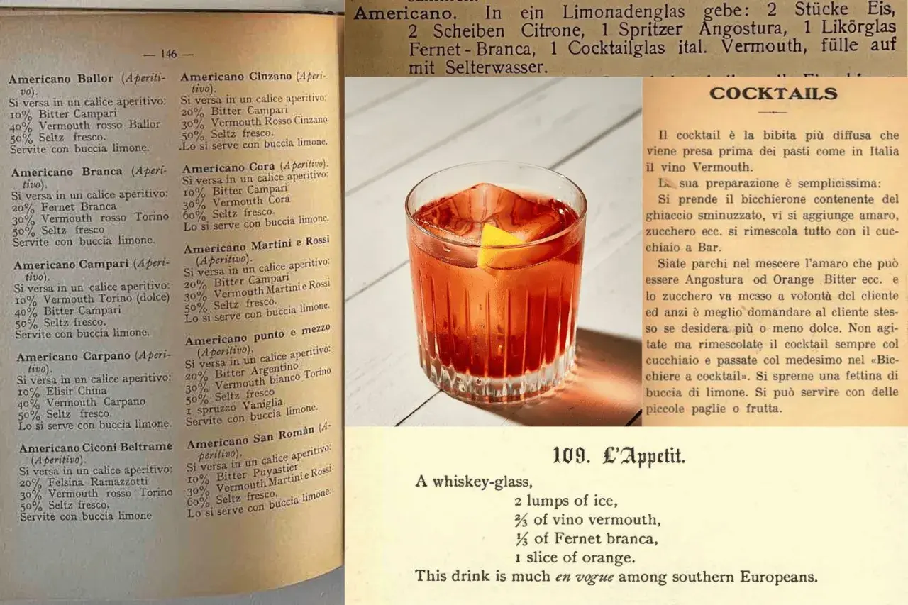 Un bicchiere di cocktail rosso con ghiaccio e una fetta d'arancia, accanto a ricette di cocktail e una descrizione della loro storia.