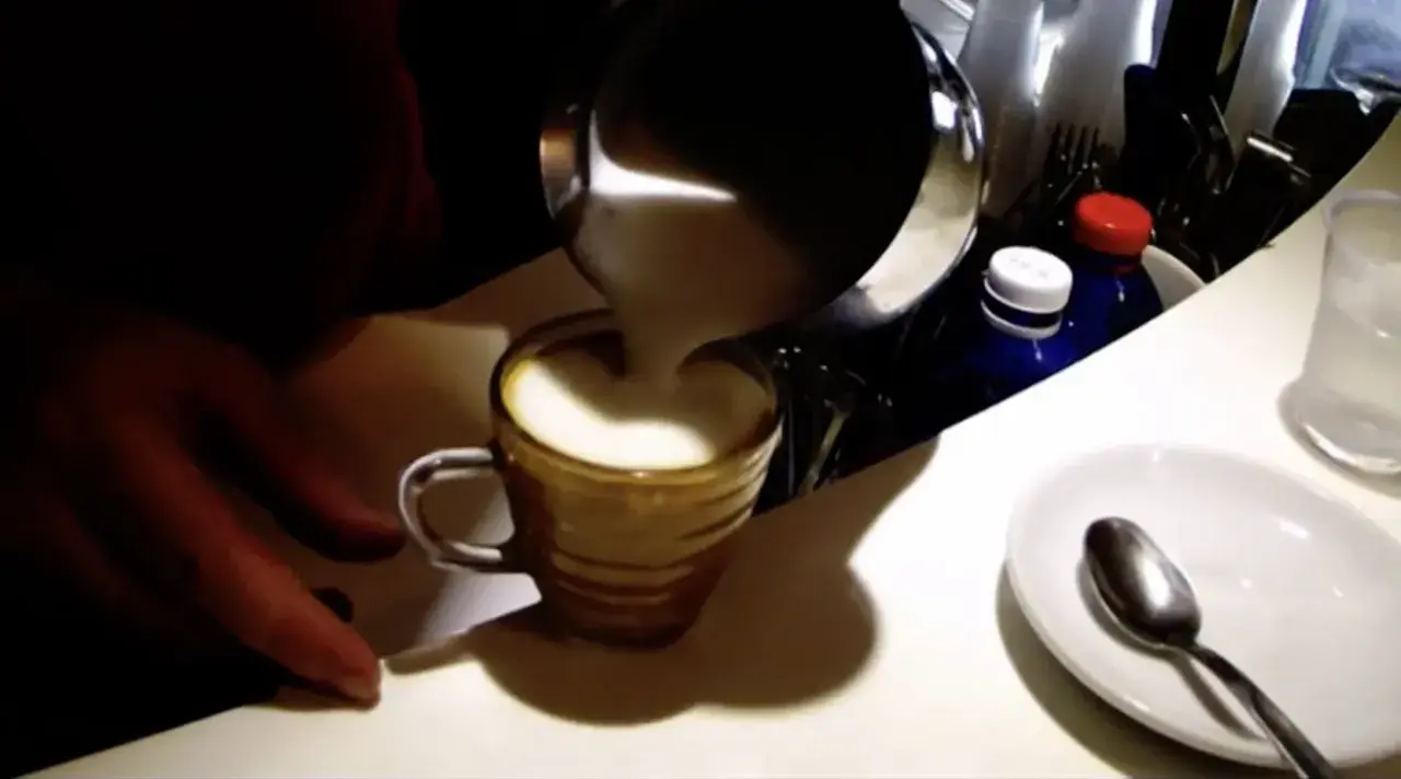 Preparazione di un espressino freddo pugliese: schiuma di latte versata in una tazzina.