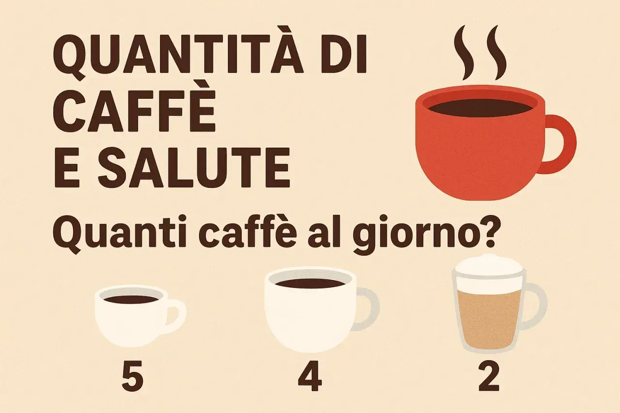 Quantità di caffè e salute: quanti caffè al giorno? Tre tazze di caffè, da 5 a 2, mostrano diverse opzioni.