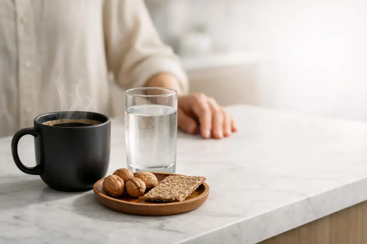 Tazza di caffè fumante, bicchiere d'acqua, noci e cracker. Potrebbe essere un pasto leggero per chi soffre di intolleranza al caffè, evitando i sintomi.