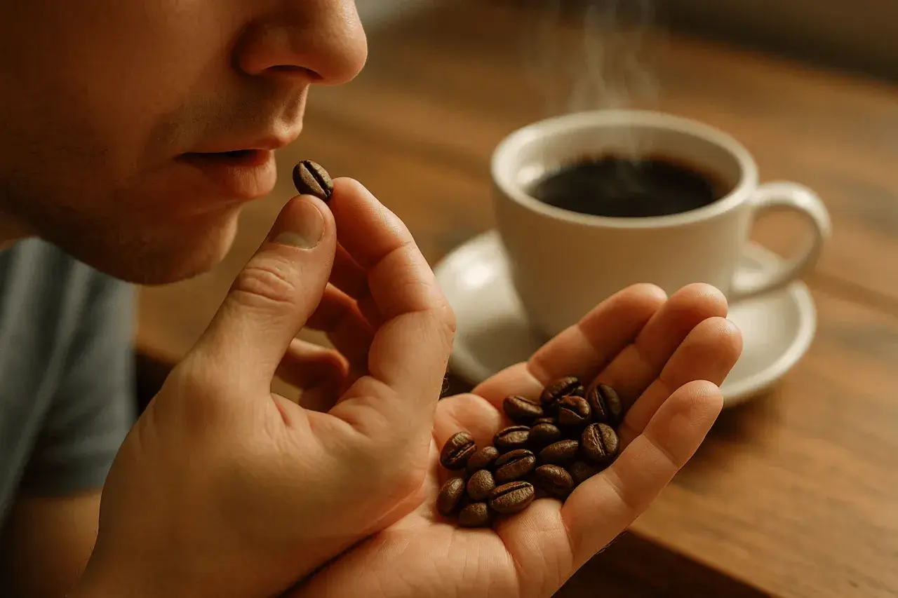 Uomo che annusa un chicco di caffè, con una tazza fumante sullo sfondo. Un'esperienza sensoriale per chi ama mangiare chicchi di caffè.