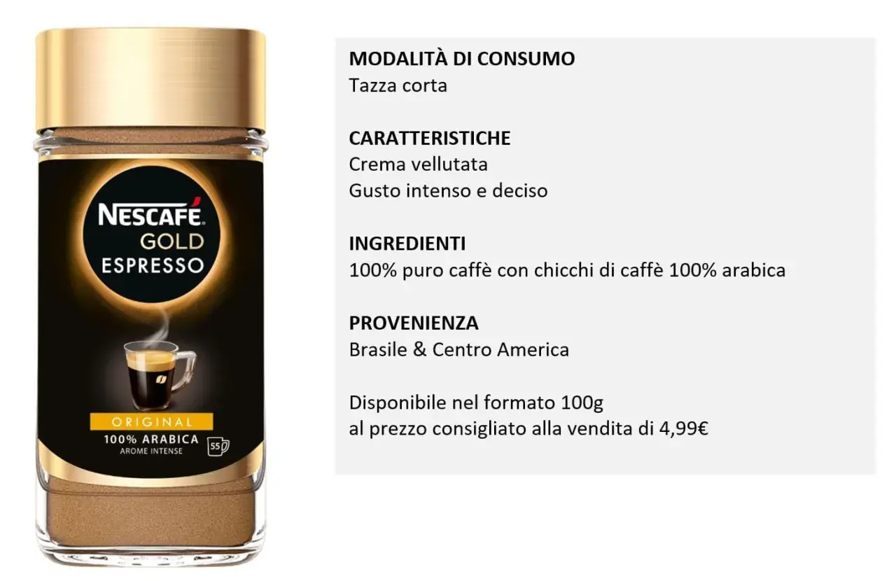 Barattolo di caffè solubile Nescafé Gold Espresso, con indicazioni su come si prepara, caratteristiche e provenienza.
