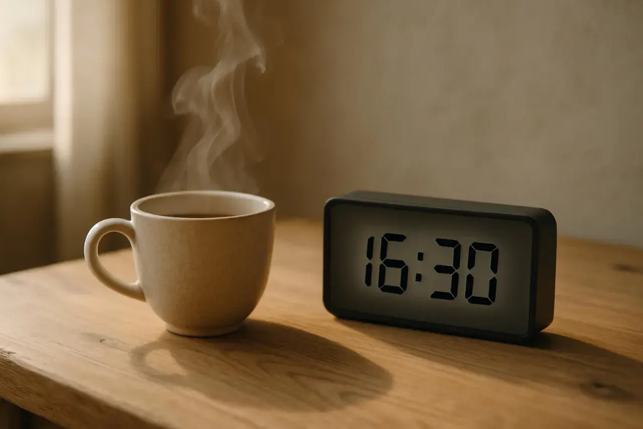 Tazza di caffè fumante accanto a una sveglia digitale che segna le 16:30. Un promemoria che il caffè non fa dormire, nemmeno nel tardo pomeriggio.