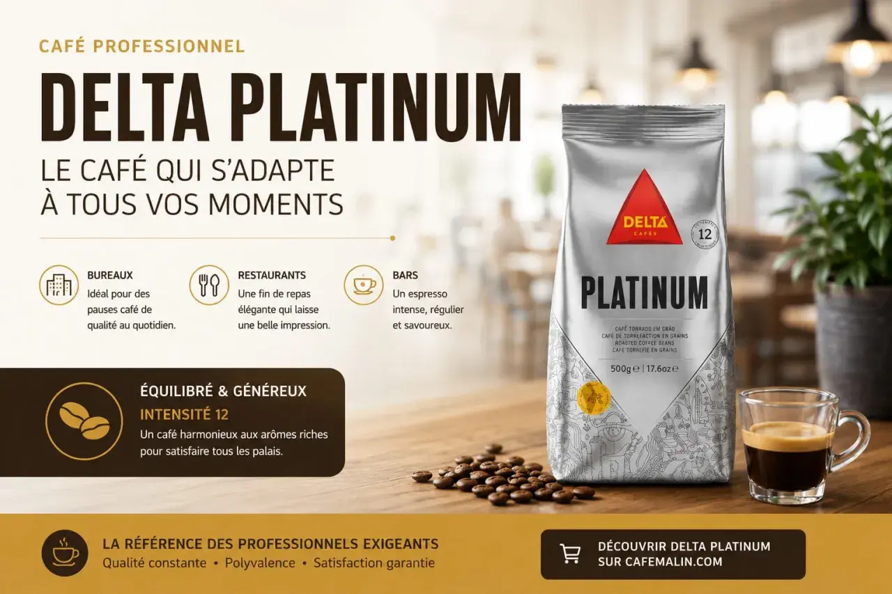 Un sac di caffè nero Delta Platinum, con una tazzina di espresso e chicchi sparsi. Perfetto per ogni momento.