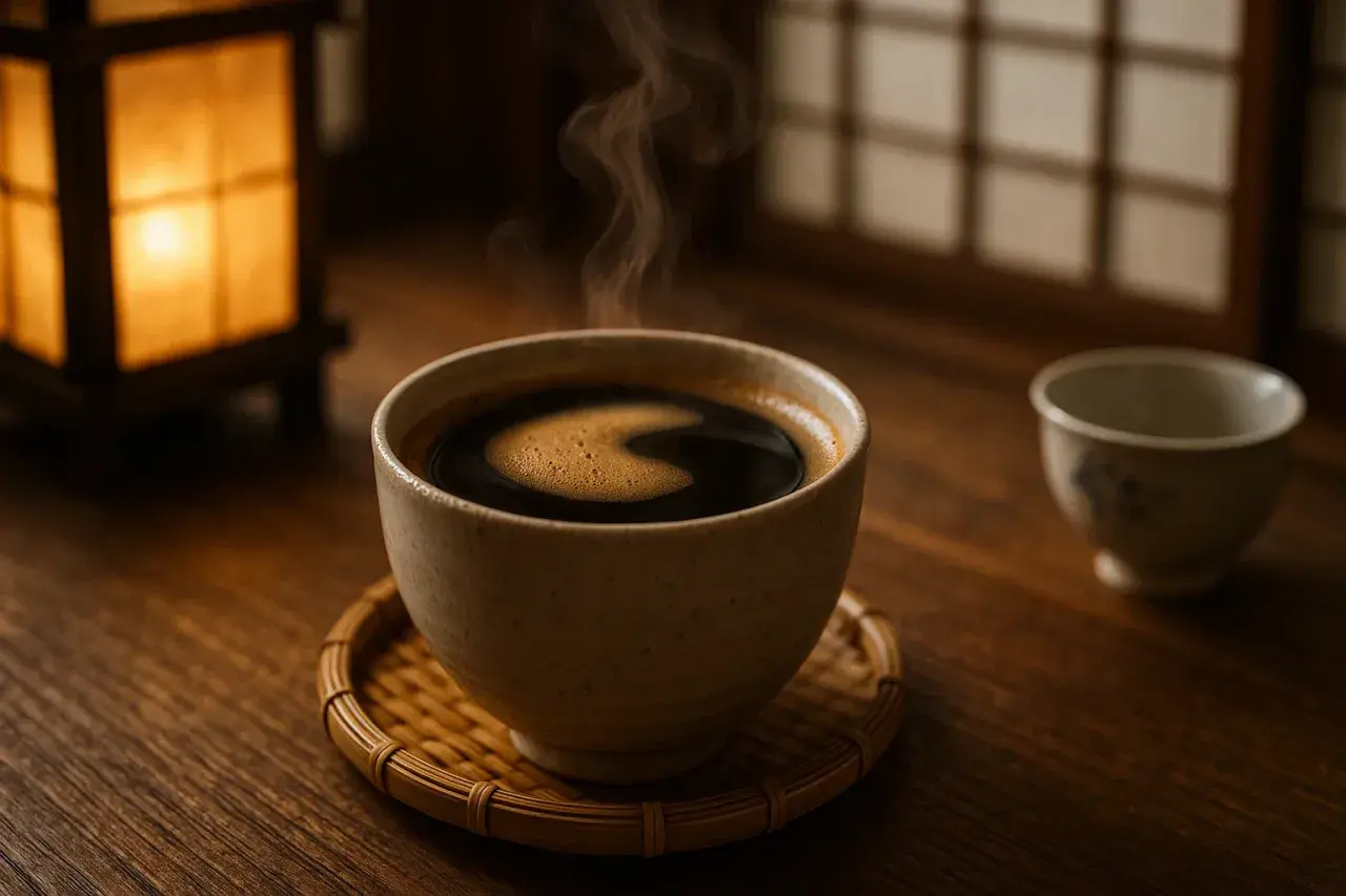 Una tazza di caffè giapponese fumante su un sottobicchiere di bambù, con una lanterna accesa e una seconda tazza sullo sfondo.