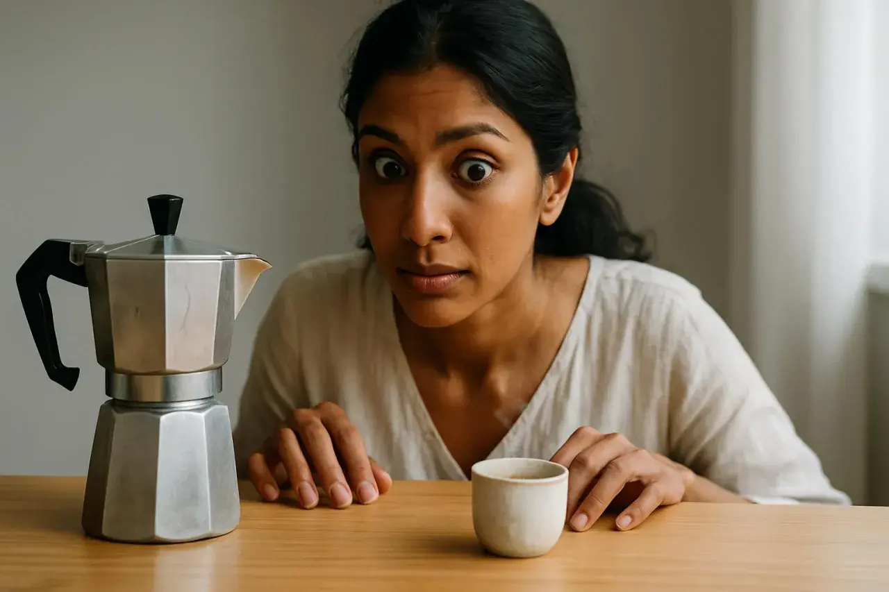 Occhi sgranati davanti alla moka, pronta a ricevere la sua dose di caffeina.