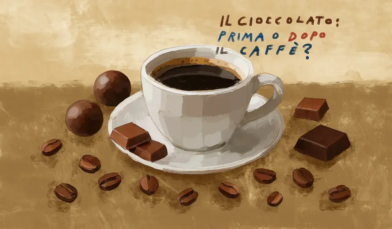 Tazza di caffè fumante, chicchi tostati e cioccolatini sparsi. La domanda è: cioccolato e caffè, prima o dopo?