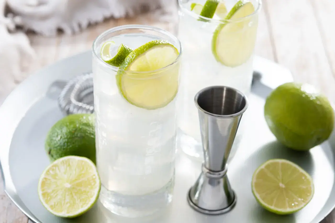 Due cocktail fizz rinfrescanti con fette di lime e ghiaccio, pronti per essere gustati.