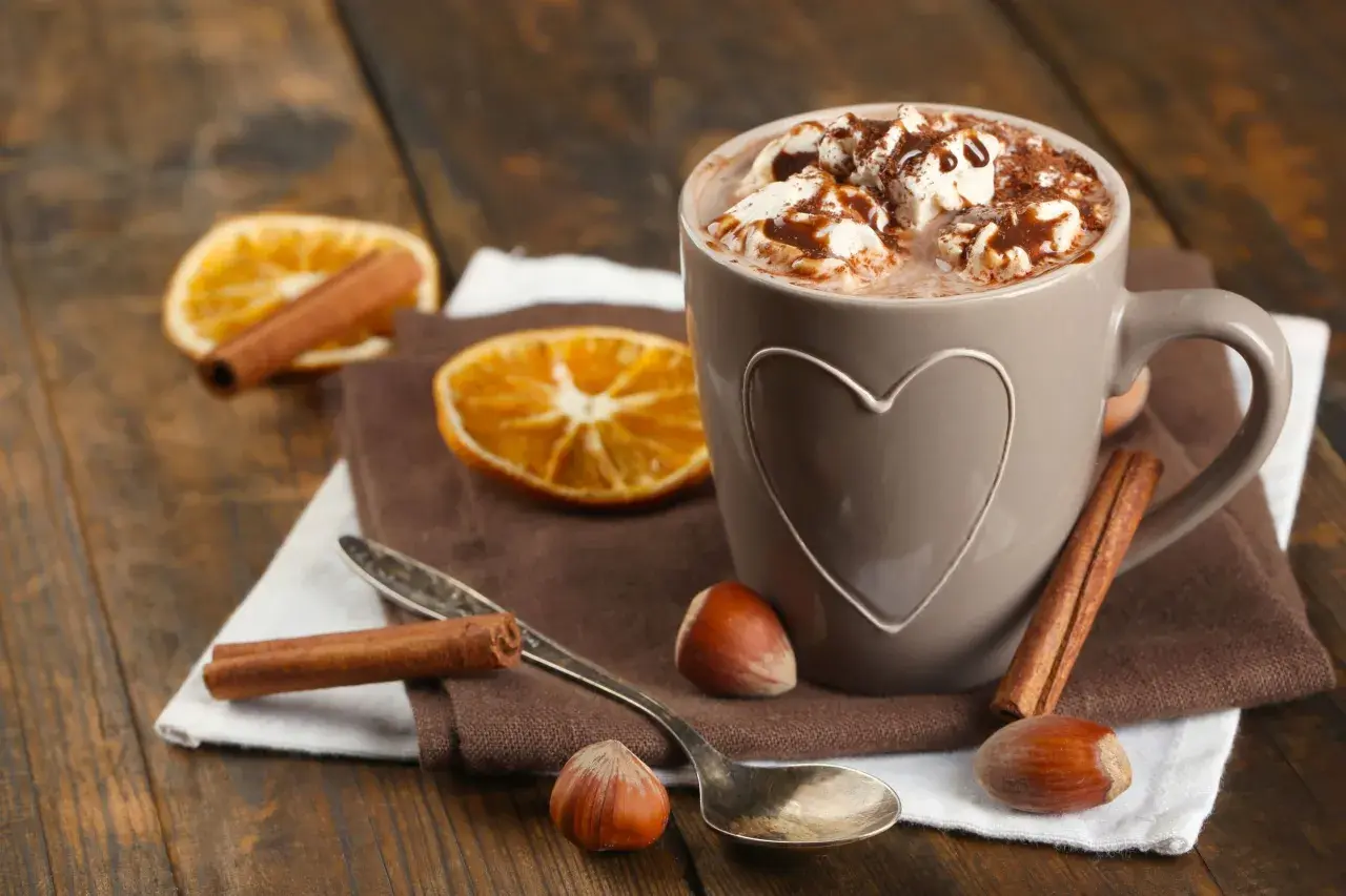 Una tazza di cioccolata calda con panna e cannella, un'ottima alternativa per chi cerca cosa bere al posto del caffè.