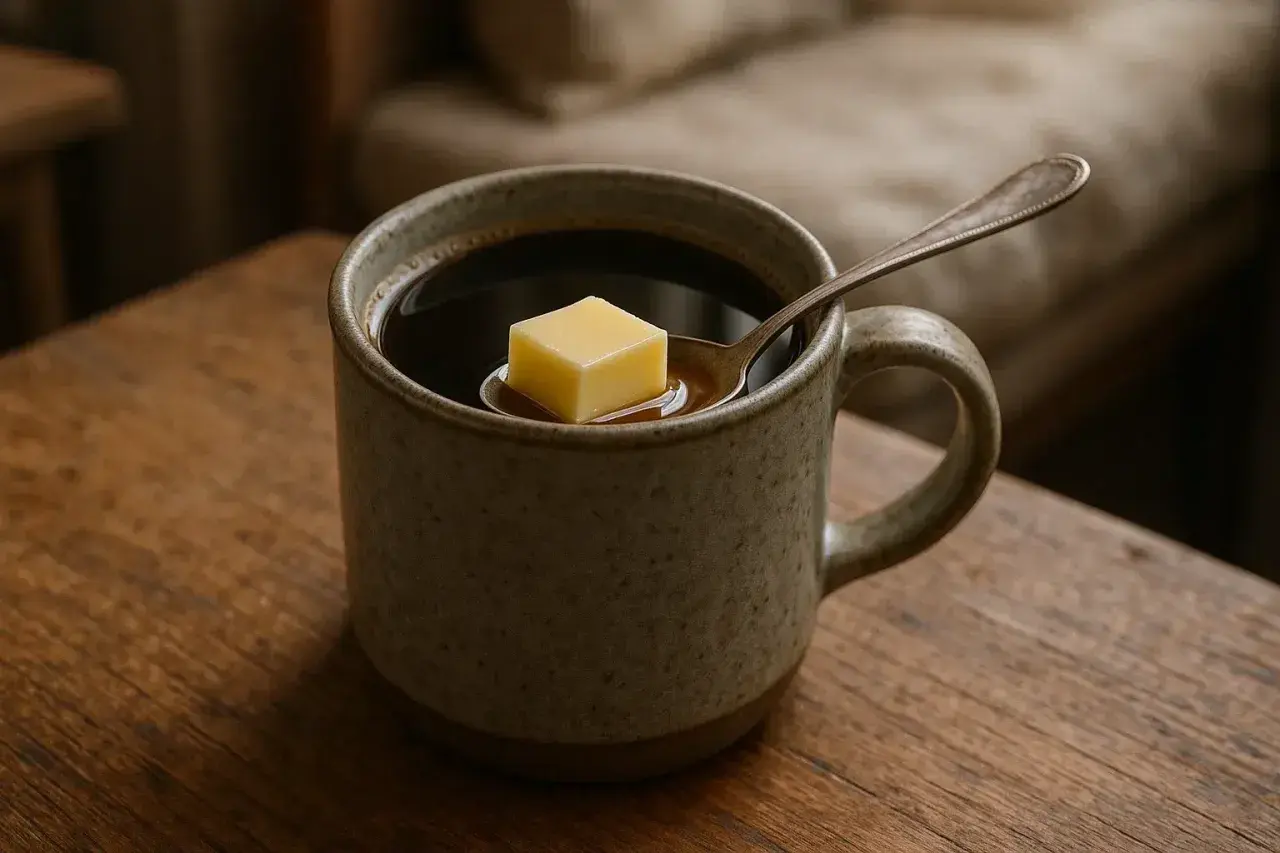 Un cubetto di burro galleggia su un cucchiaino immerso in una tazza di caffè caldo, pronto per essere mescolato.