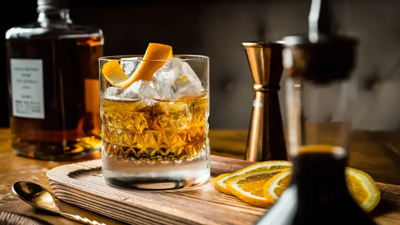 Cocktail con ghiaccio, scorza d'arancia e fette d'arancia. Ingredienti per un drink giapponese, con bottiglia di whisky e jigger in rame.