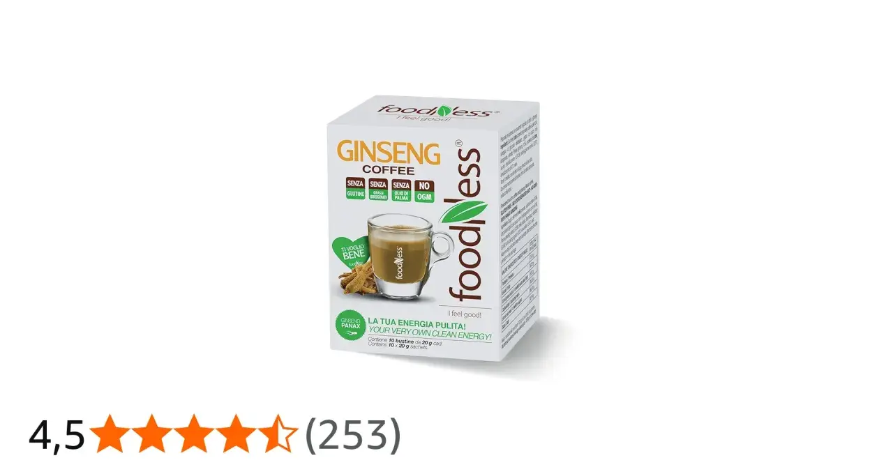 Scatola di caffè al ginseng Foodness, con tazza di caffè e radici di ginseng. Il ginseng contiene latte, ideale per la tua energia pulita.