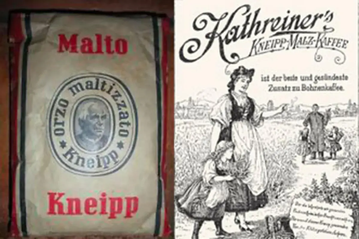 Sacchetto di "Malto Kneipp" e pubblicità d'epoca per "Kathreiner's Malz-Kaffee", un surrogato del caffè che evoca un'epoca di autarchia e nazionalismo, simile al fascismo.