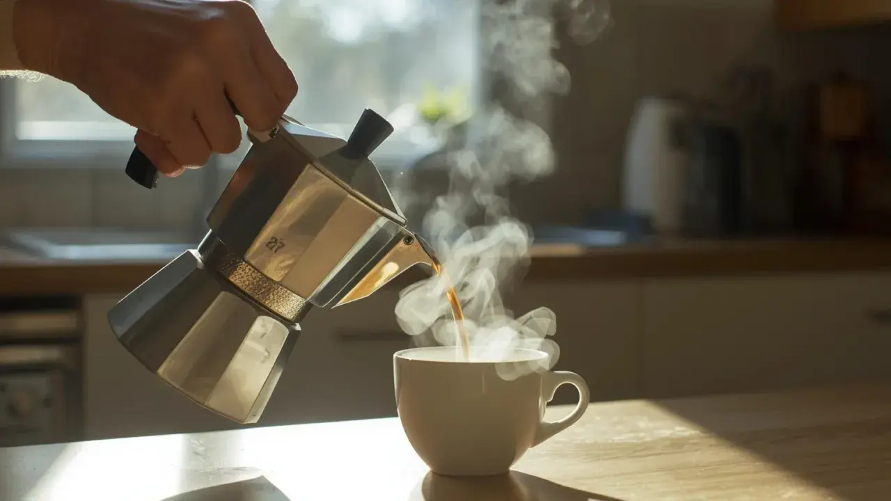 Una mano versa caffè fumante da una moka in una tazza bianca. La macinatura caffè per moka è perfetta per iniziare la giornata.