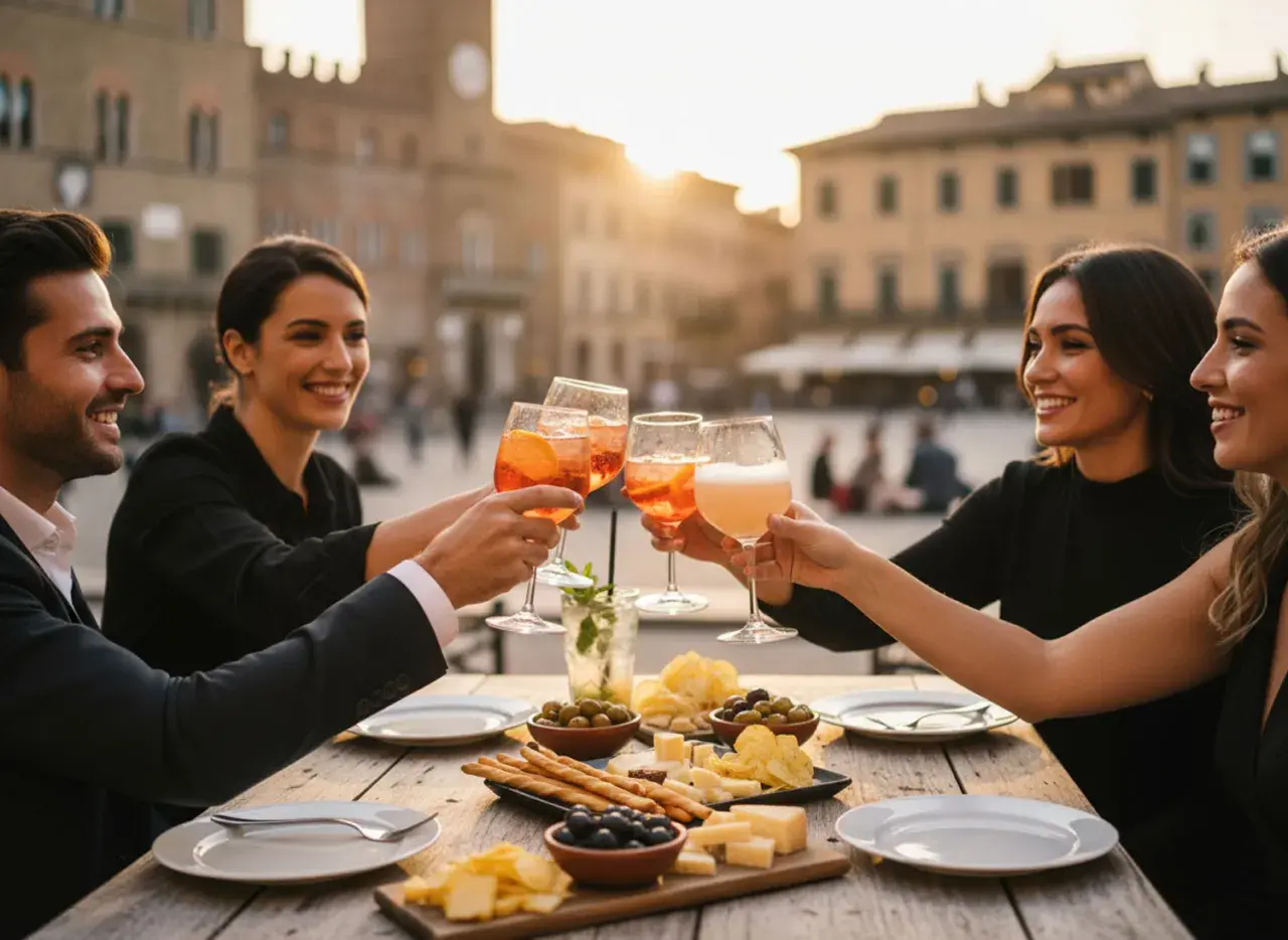 Un gruppo di amici brinda con cocktail colorati durante un happy hour all'aperto, con stuzzichini e formaggi sul tavolo.