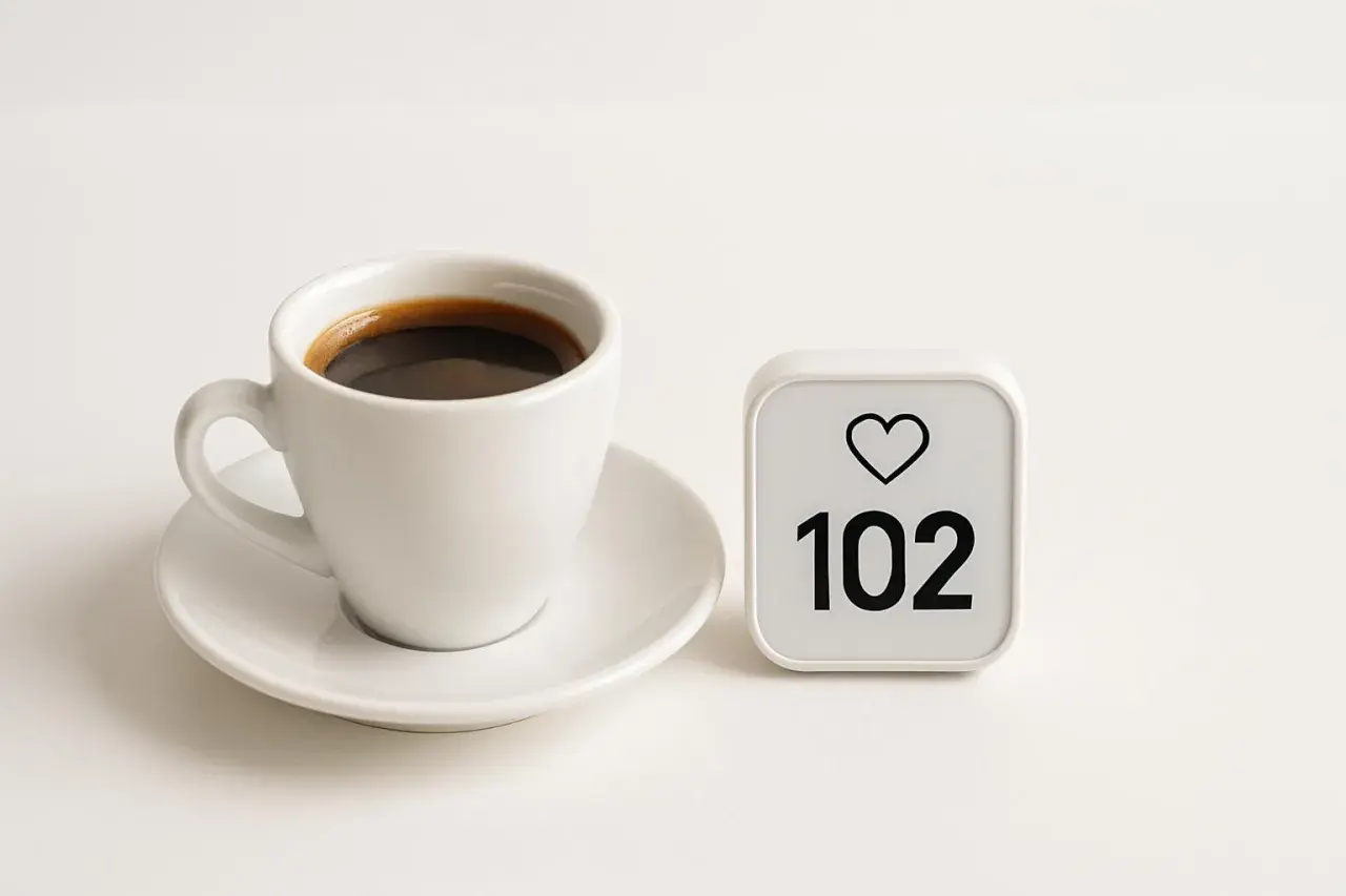 Tazza di caffè nero accanto a un contatore di like con 102. Un promemoria che il caffè e il cortisolo possono influenzare il nostro benessere.
